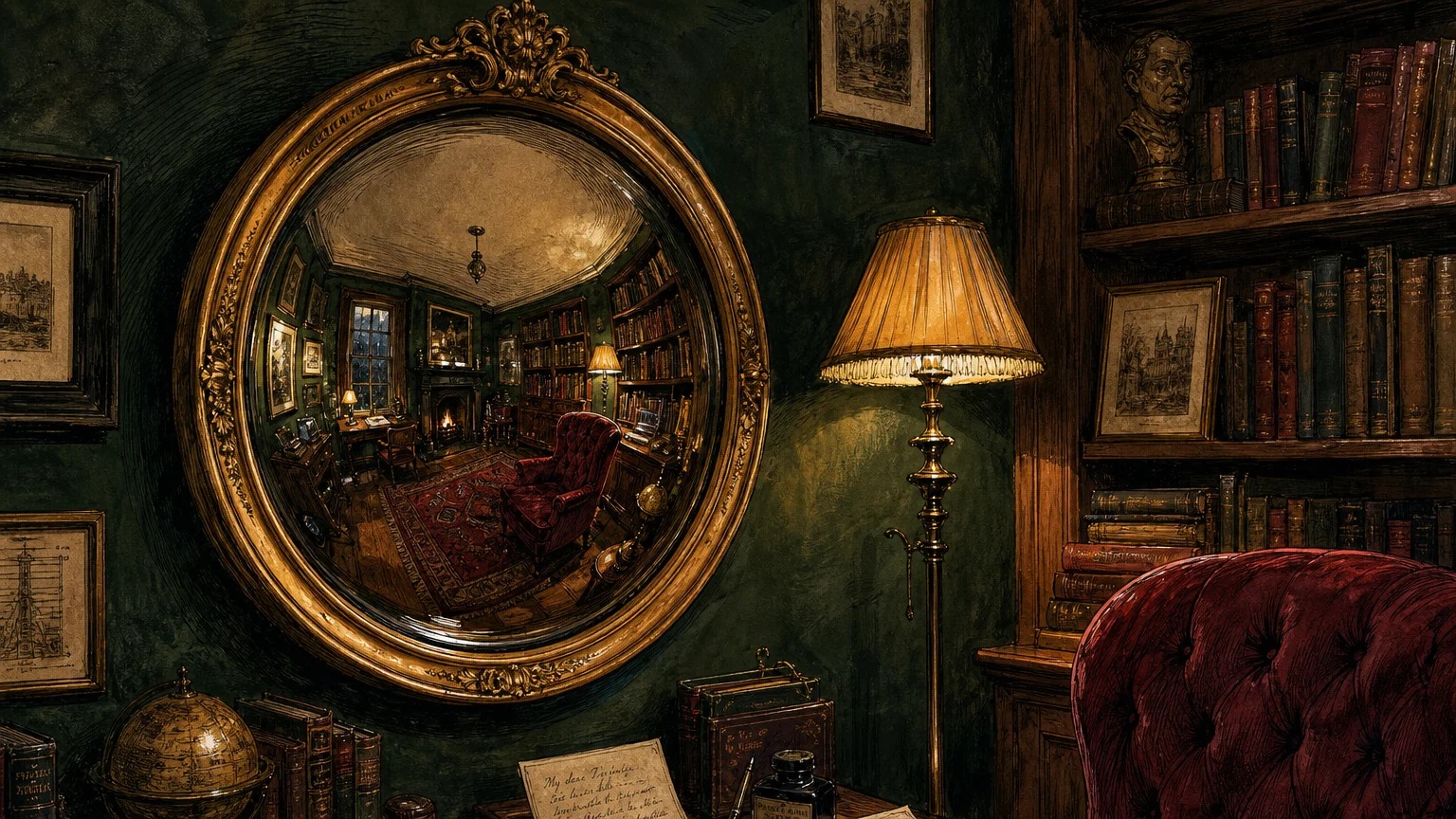 An artistic illustration of a deep-set, round convex mirror with a gold frame reflecting a distorted, cozy library room.