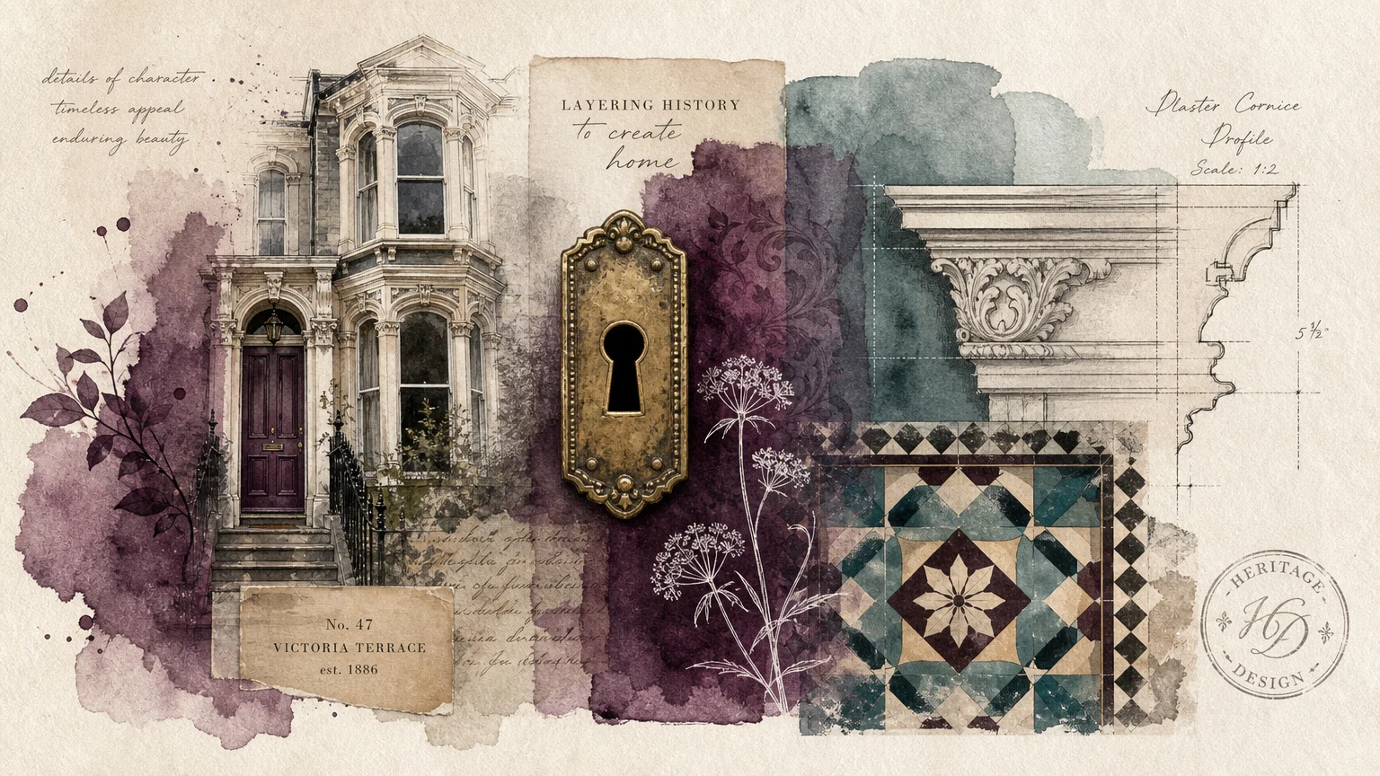 An artistic watercolor collage blending sketches of moldings, tiles, brass hardware, and swatches of plum and teal paint.