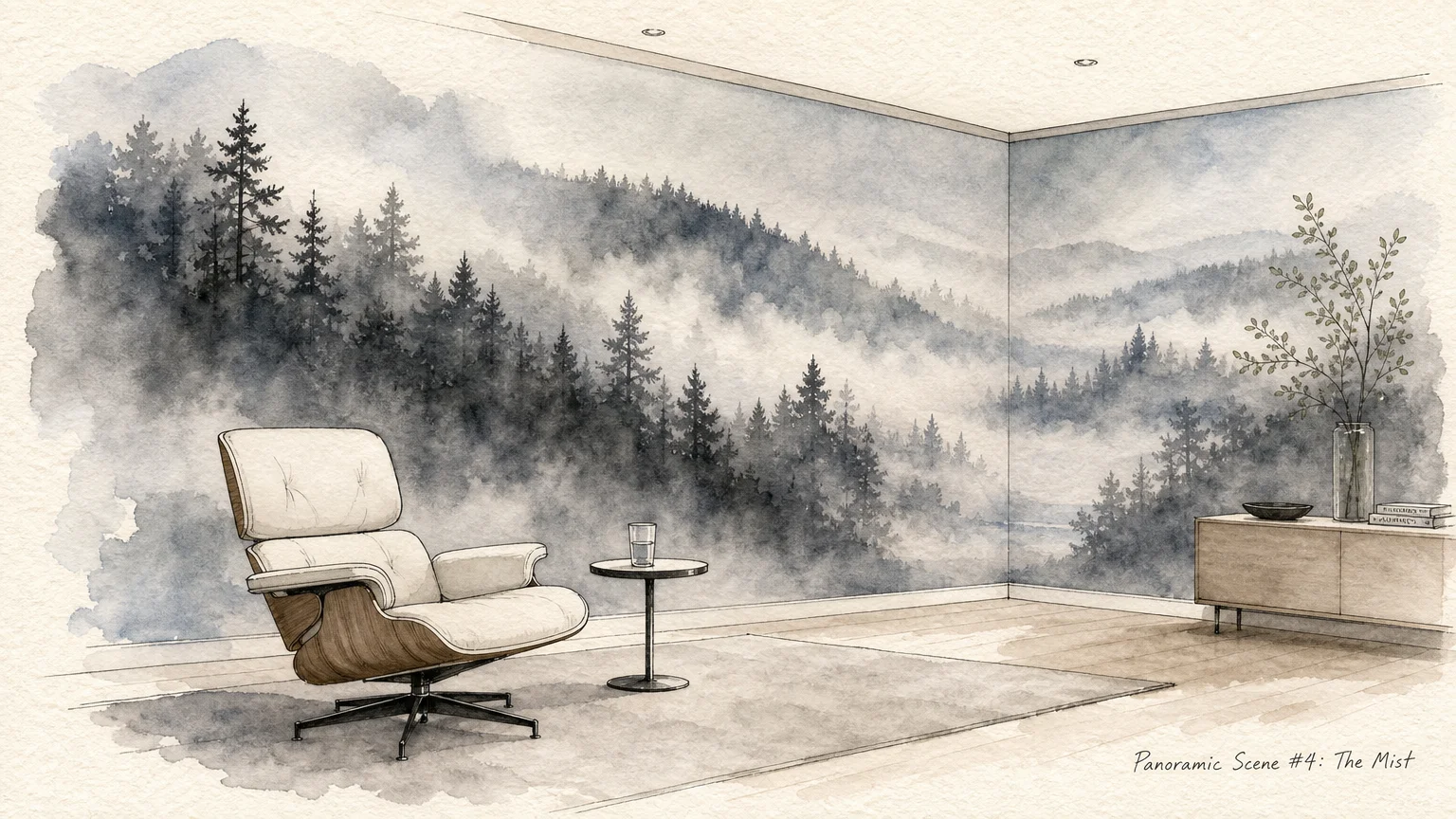 An artistic watercolor illustration of a room with a landscape mural that wraps around the corners of the walls.