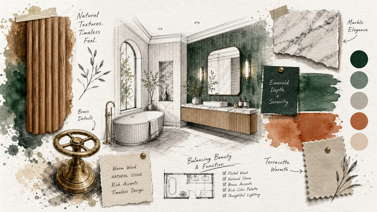 An artistic watercolor mood board featuring various textures, colors, and vanity elements.