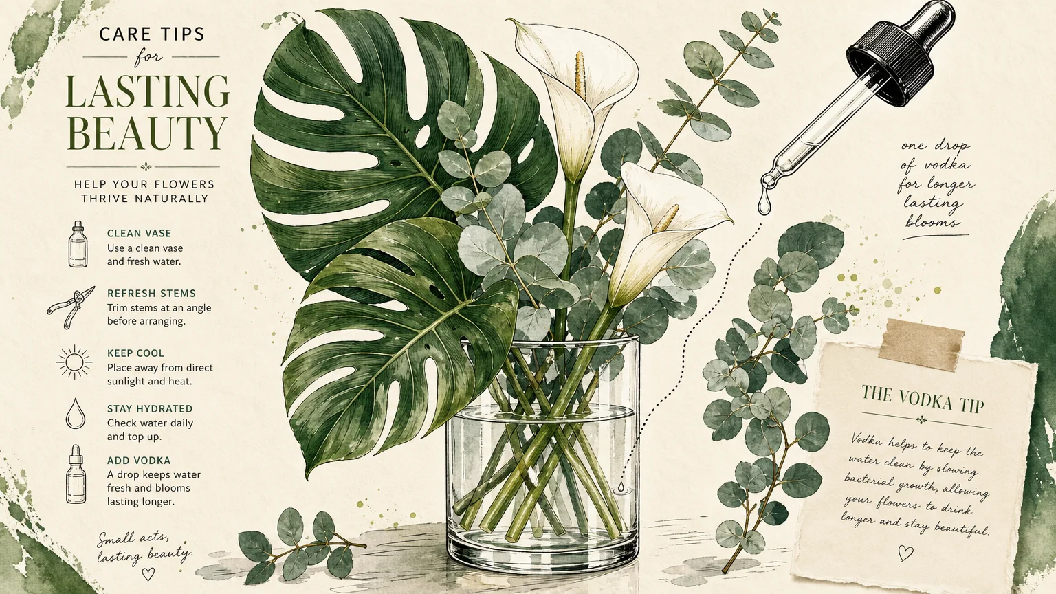 An editorial gouache illustration of a hand adding a clear drop to a vase of lush green monstera leaves and white lilies.