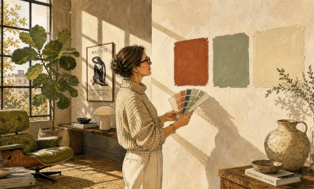 An editorial gouache illustration of an interior designer comparing color swatches on a plaster wall in a sunlit modern room.
