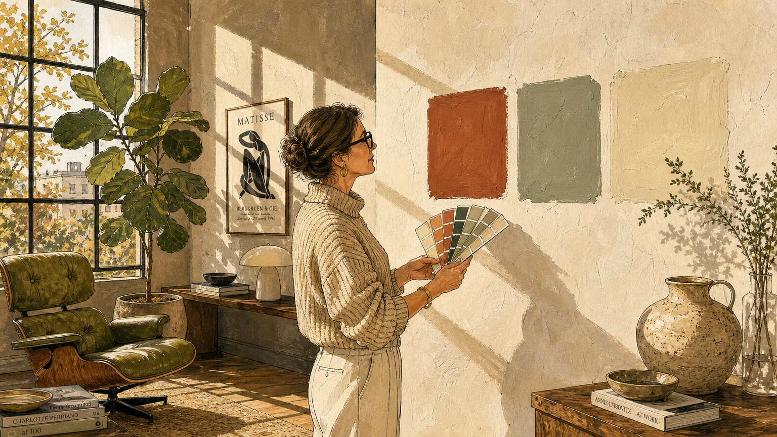 An editorial gouache illustration of an interior designer comparing color swatches on a plaster wall in a sunlit modern room.