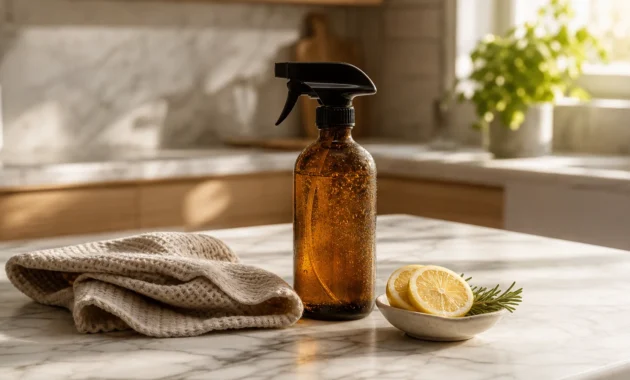 An elegant amber glass spray bottle, a textured oatmeal-colored linen cloth, and fresh lemon slices on a Calacatta marble countertop.