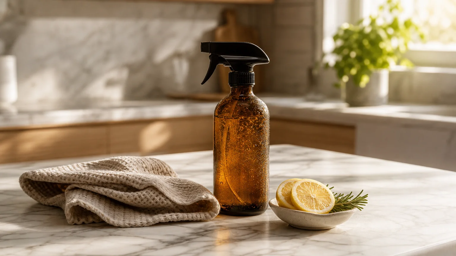 An elegant amber glass spray bottle, a textured oatmeal-colored linen cloth, and fresh lemon slices on a Calacatta marble countertop.