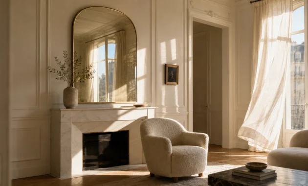 An elegant arched mantel mirror above a marble fireplace reflecting a sunlit window in a Parisian-style living room.