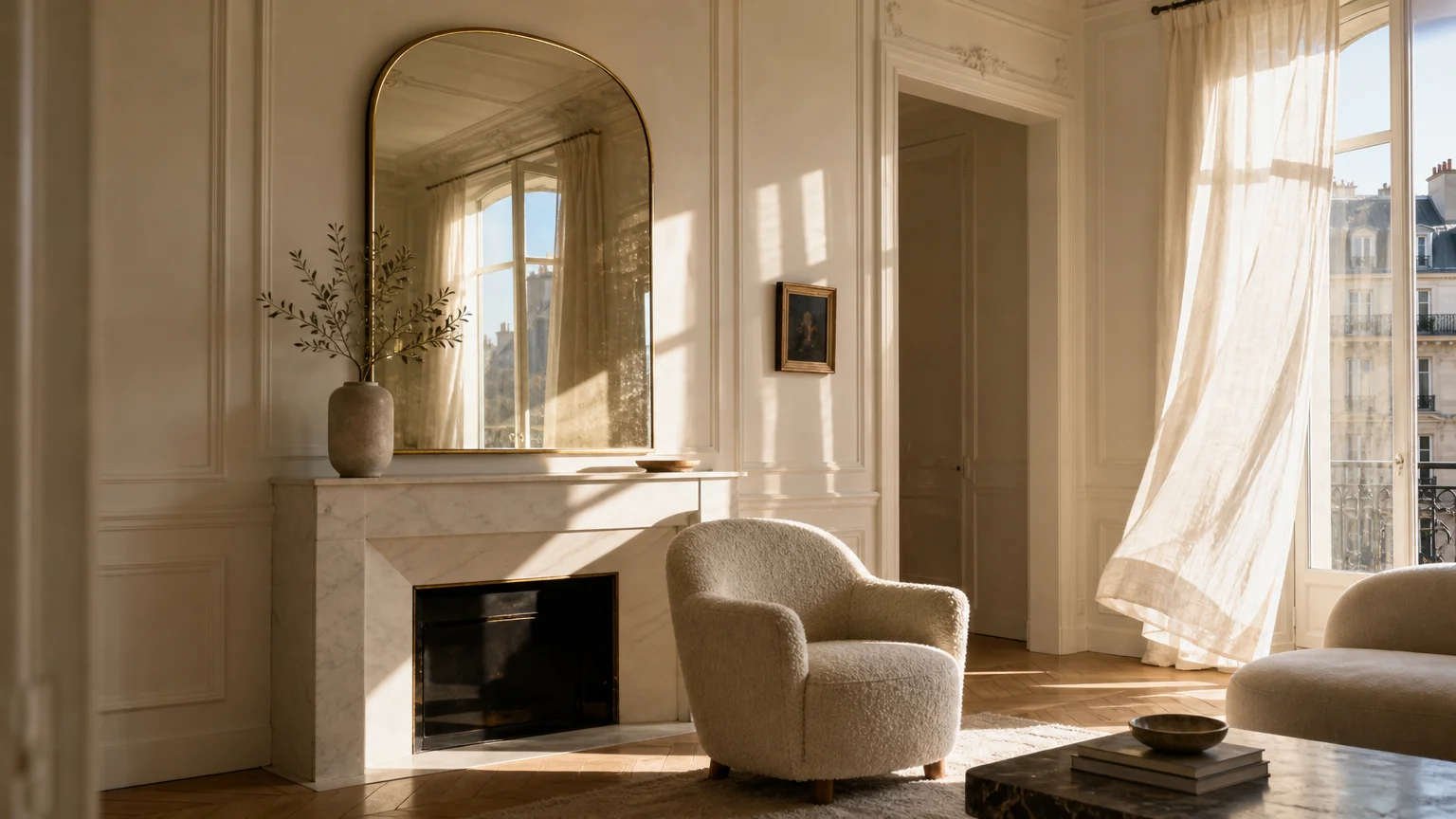 An elegant arched mantel mirror above a marble fireplace reflecting a sunlit window in a Parisian-style living room.