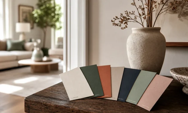 An elegant fan of seven designer paint swatches resting on a dark oak console table in a bright, sunlit home entryway.