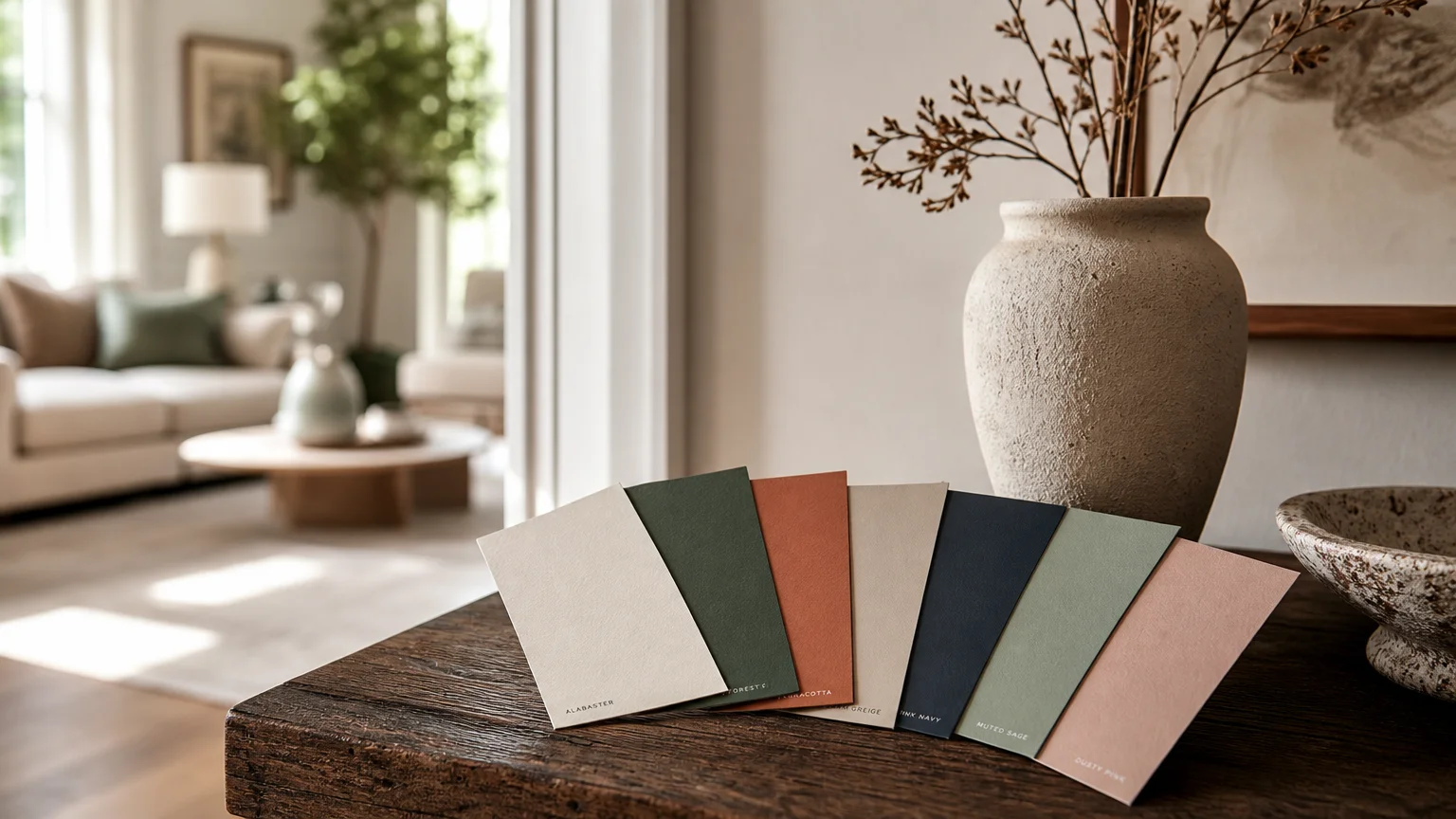 An elegant fan of seven designer paint swatches resting on a dark oak console table in a bright, sunlit home entryway.