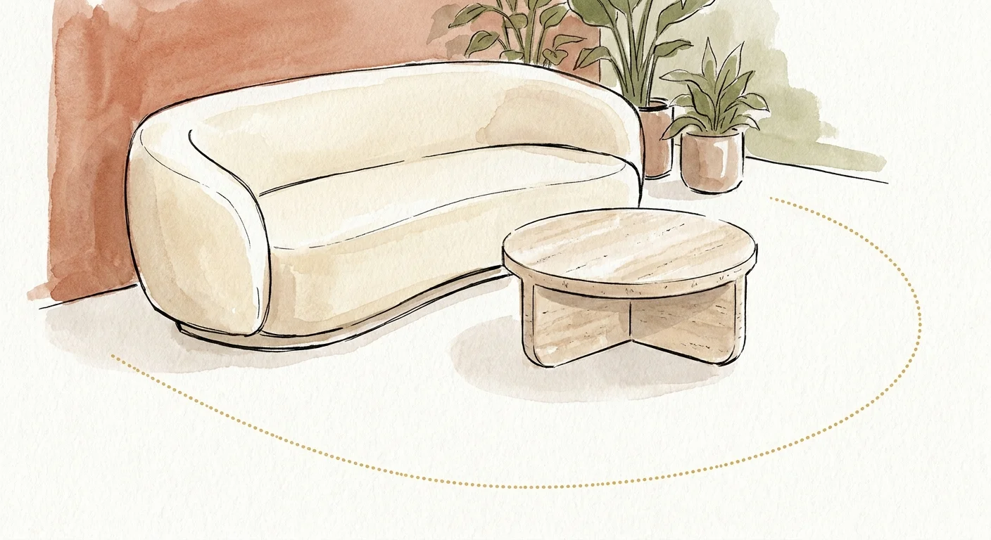 An elegant gouache illustration of a living room layout featuring a curved sofa, round coffee table, and clear walking paths.