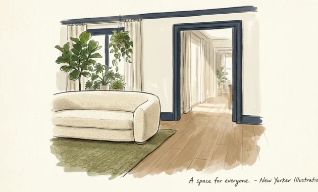 An elegant gouache illustration of an accessible living room with a curved sofa, continuous wood flooring, and wide open pathways.