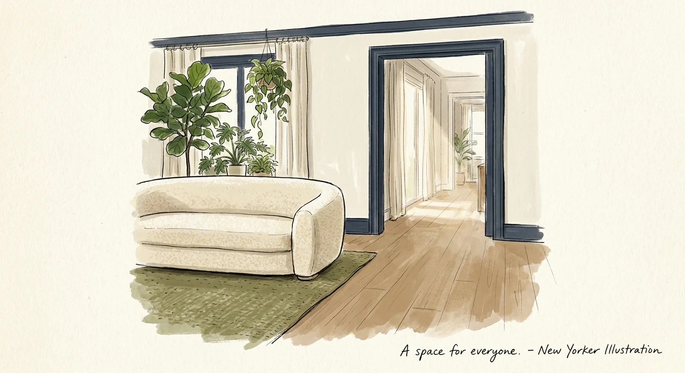 An elegant gouache illustration of an accessible living room with a curved sofa, continuous wood flooring, and wide open pathways.