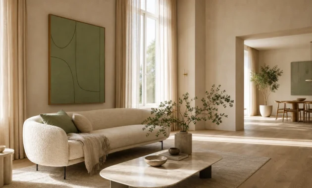 An elegant, light-filled small living room with continuous wood floors, high-hung linen drapes, and a low-profile cream boucle sofa.