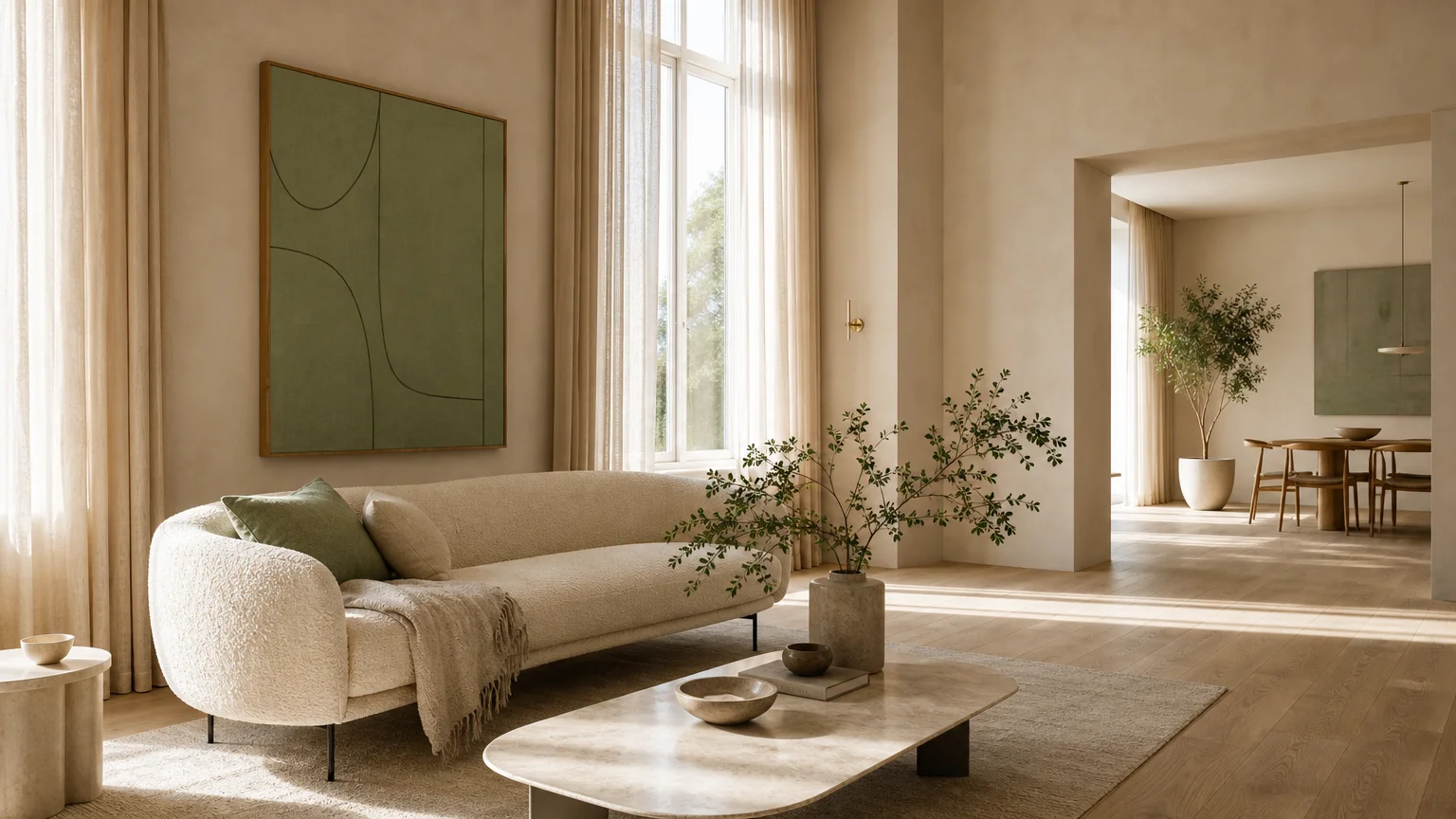 An elegant, light-filled small living room with continuous wood floors, high-hung linen drapes, and a low-profile cream boucle sofa.