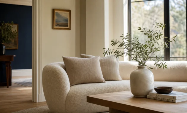 An elegant, sun-drenched living room with a cream bouclé sofa, white oak coffee table, and soft wall colors showcasing quiet luxury.