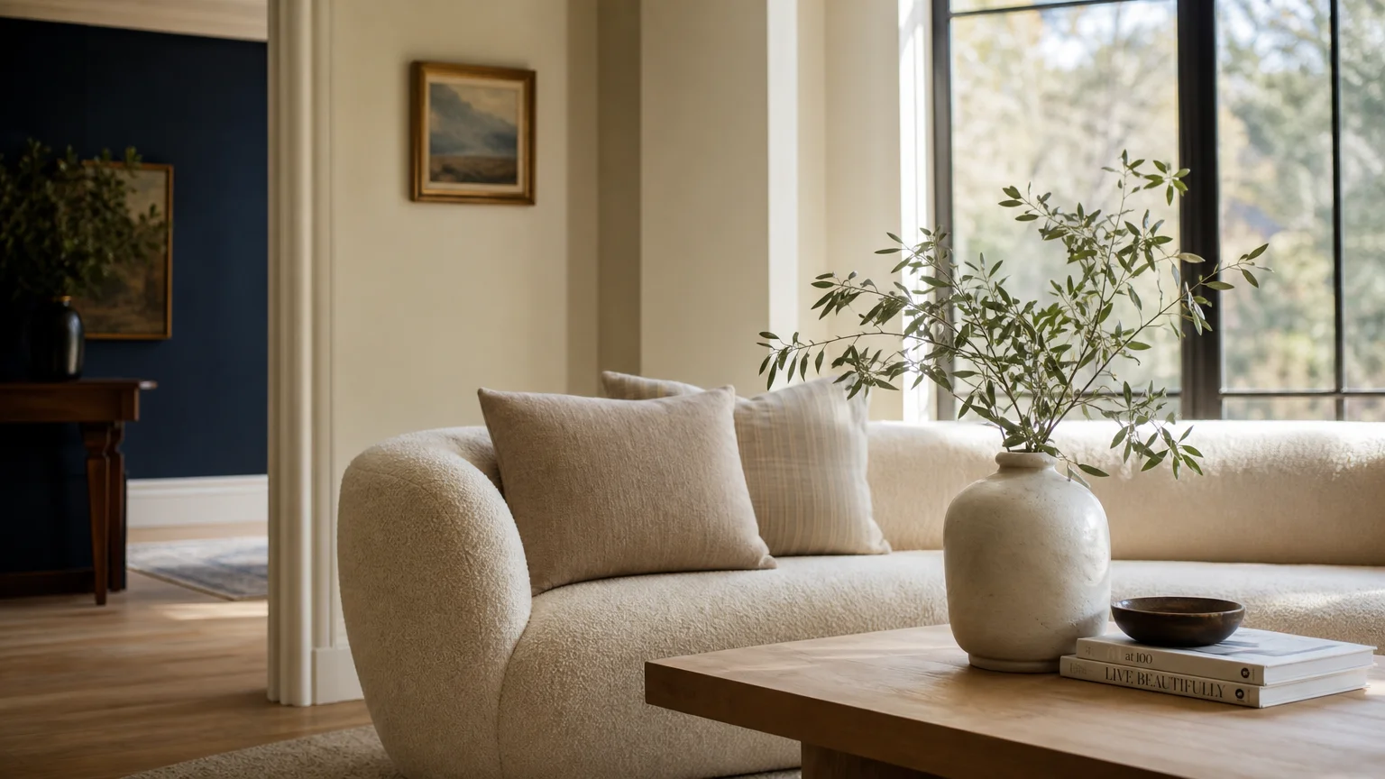 An elegant, sun-drenched living room with a cream bouclé sofa, white oak coffee table, and soft wall colors showcasing quiet luxury.