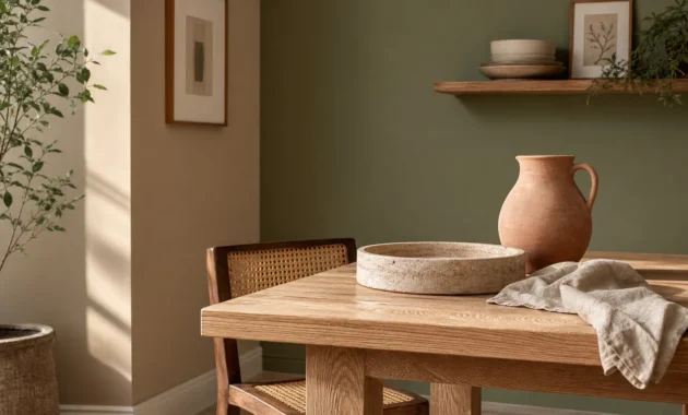 An elegant, sunlit dining room corner showing a white oak table, cane chair, and terracotta pitcher against a sage green and greige wall.