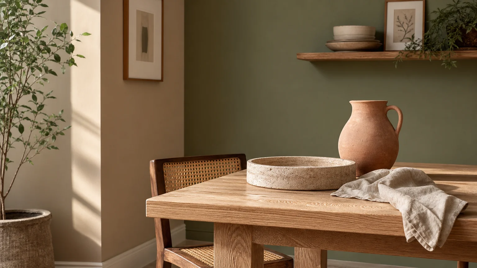 An elegant, sunlit dining room corner showing a white oak table, cane chair, and terracotta pitcher against a sage green and greige wall.