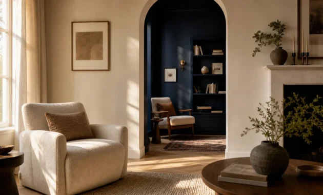 An elegant view through an arched doorway of a small living room painted in warm white, looking into a cozy nook painted in deep midnight bl