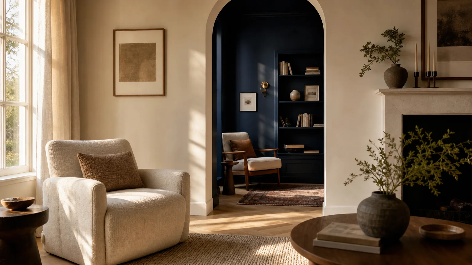 An elegant view through an arched doorway of a small living room painted in warm white, looking into a cozy nook painted in deep midnight bl