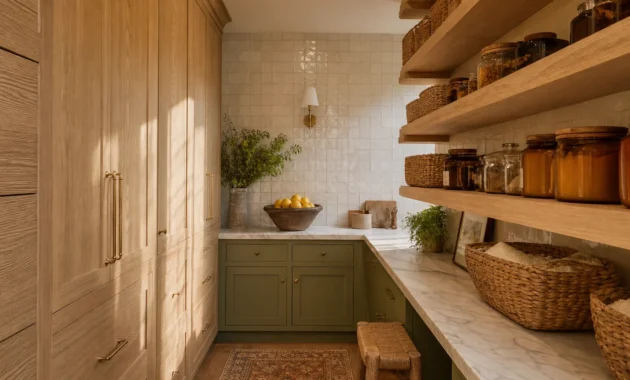 An elegant walk-in pantry with custom white oak cabinets, marble countertops, and organized amber glass jars.