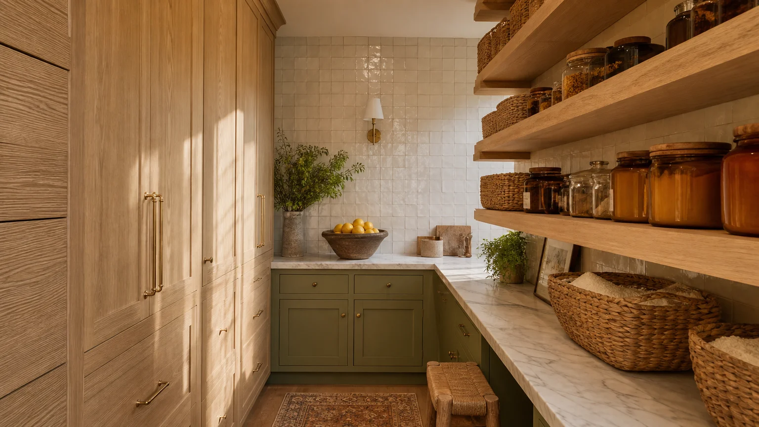An elegant walk-in pantry with custom white oak cabinets, marble countertops, and organized amber glass jars.