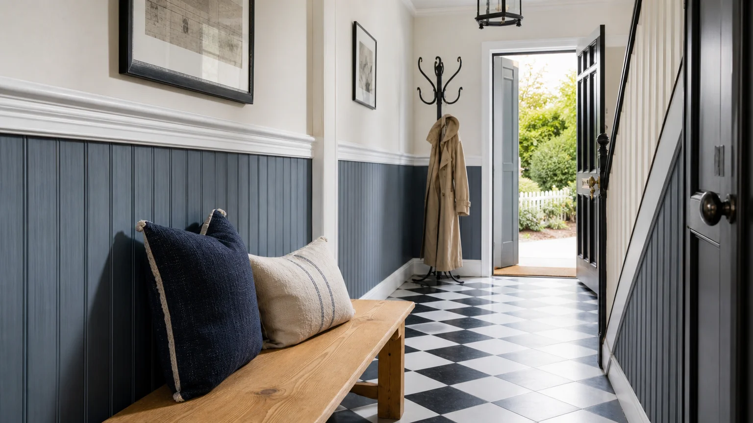 An entryway hallway with slate blue wainscoting, a white chair rail, and black-and-white checkered tile floors.