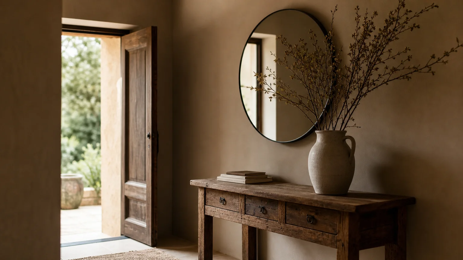 An entryway with earthy mushroom-colored walls, a vintage wooden console table, a ceramic pitcher, and a round mirror.