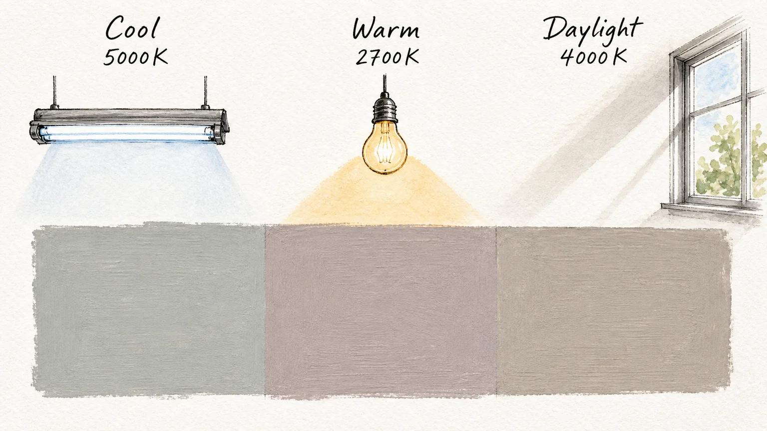 An illustration showing a single paint swatch shifting in color under 5000K cool light, 2700K warm light, and 4000K daylight.