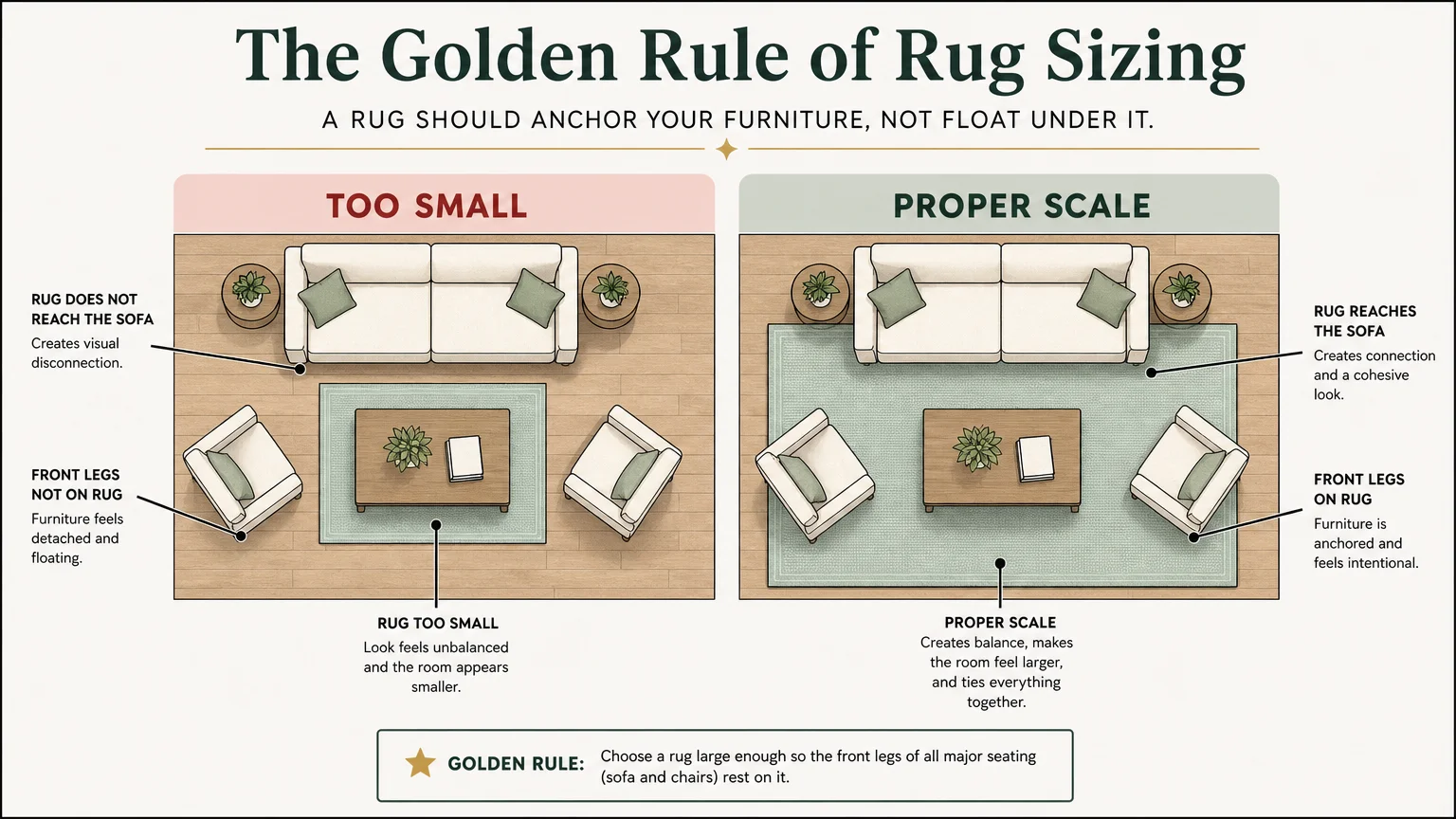 An infographic showing the correct way to size a rug so it sits under the front legs of all furniture.