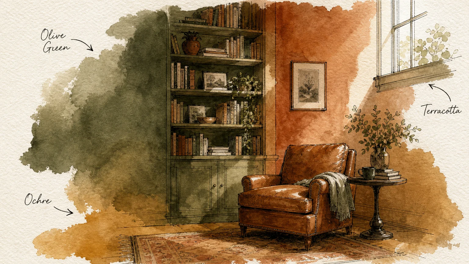 An ink and watercolor illustration of a room corner featuring washes of olive green, terracotta, and ochre.