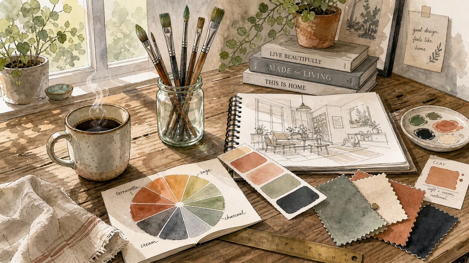 An ink and watercolor illustration of an interior design work table with coordinated paint swatches, brushes, and a coffee mug.