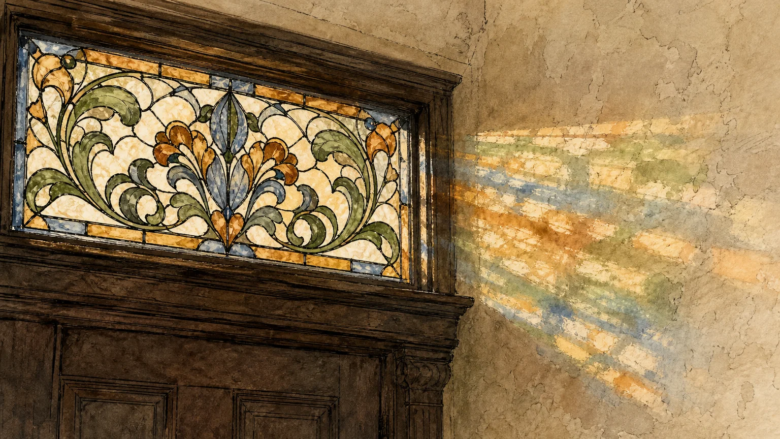 An ink and watercolor illustration of light casting colorful reflections through a floral stained glass transom window onto a plaster wall.