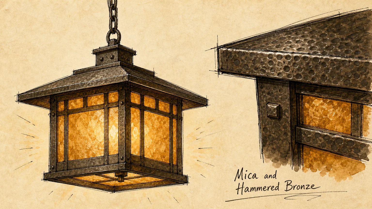 An ink and watercolor sketch of a mission-style pendant lamp with amber mica and dark bronze metal.