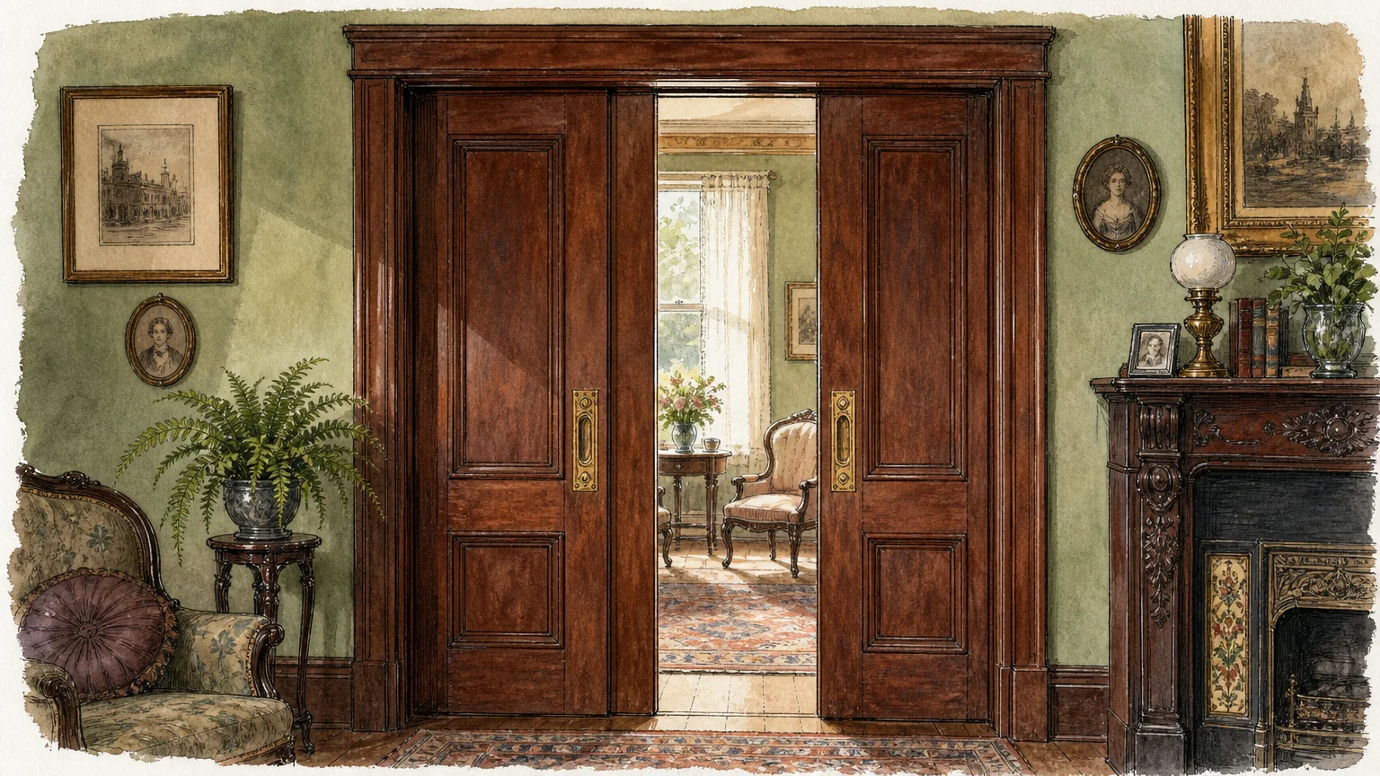 An ink and watercolor sketch of dark mahogany pocket doors with brass hardware, partially open to reveal a sunlit room.