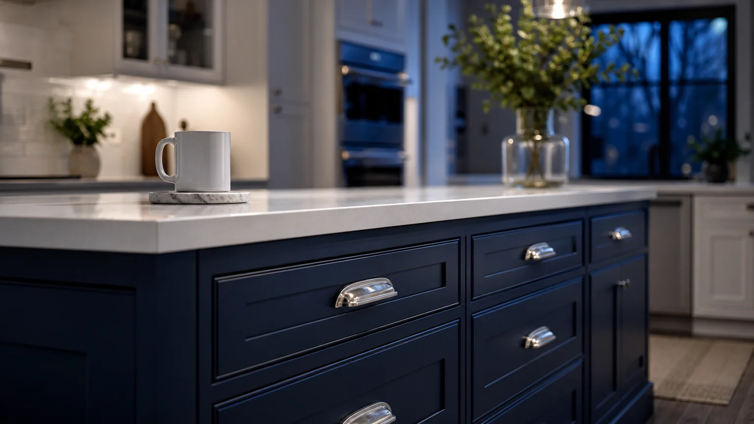 An inky midnight blue kitchen island with polished nickel hardware, viewed in cool evening light.