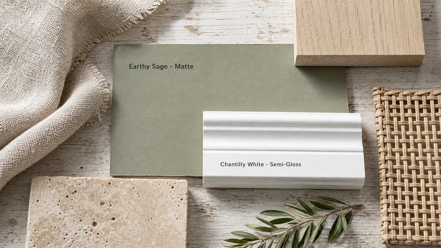 An interior design flatlay mood board featuring a sage green paint sample labeled 'Earthy Sage', white wood trim, linen, and rattan.