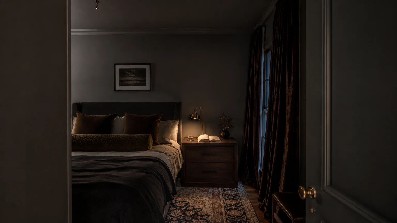 An intimate evening shot of a bedroom painted entirely in flat charcoal gray, illuminated by a single warm lamp.