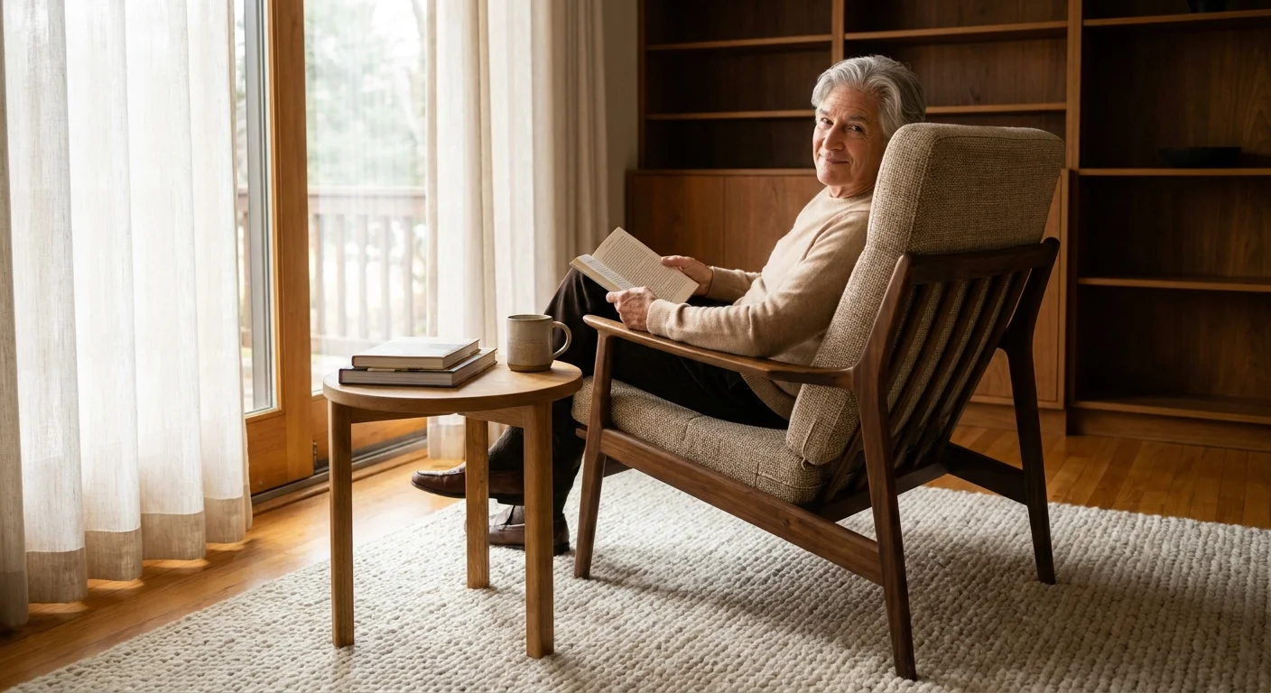 An older adult sits comfortably reading in a stylish, supportive high-back armchair with sturdy armrests.