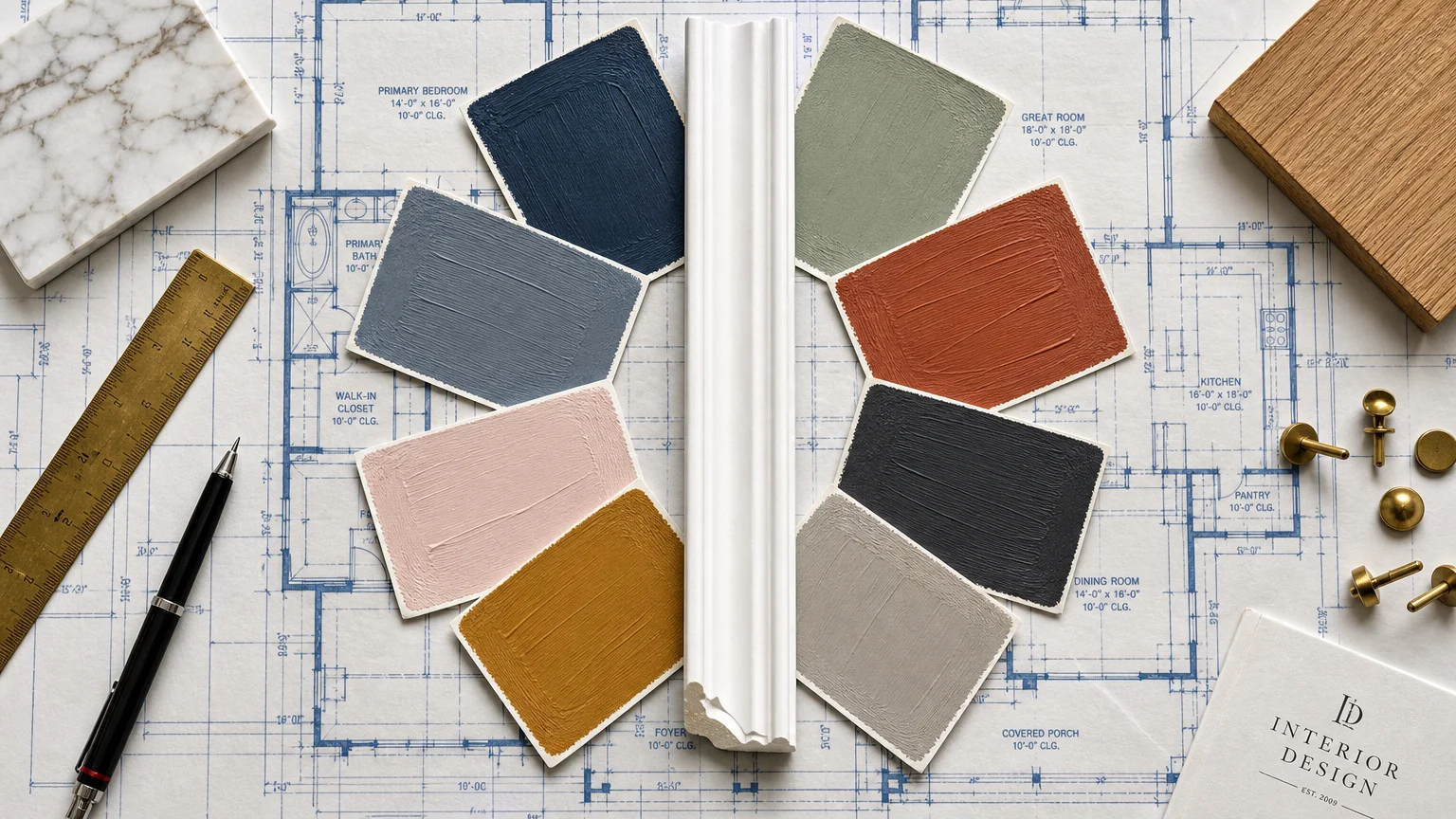 An overhead flatlay of eight colorful paint swatches arranged on a blueprint background, tied together by a central white molding trim sampl