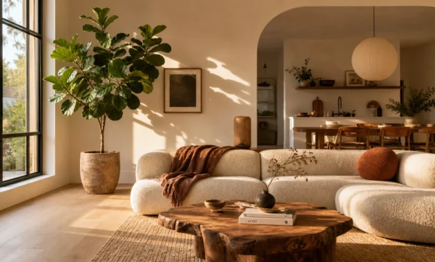 Bright living room with natural light illuminating warm-toned furniture and a soft off-white plaster wall.