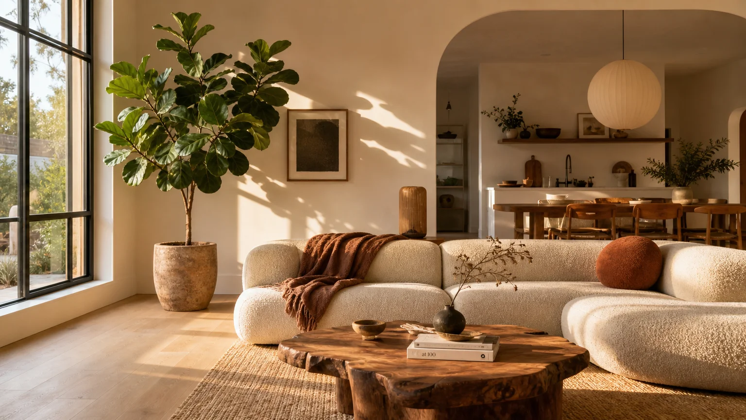 Bright living room with natural light illuminating warm-toned furniture and a soft off-white plaster wall.