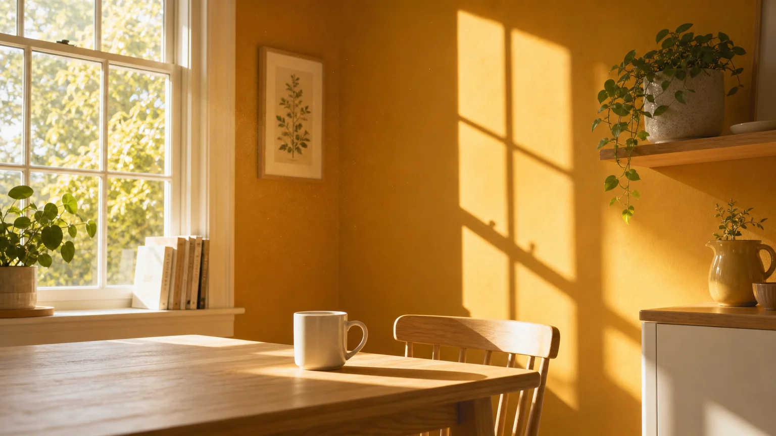 Bright morning sunlight projecting a geometric shape onto a golden ochre accent wall in a dining nook.
