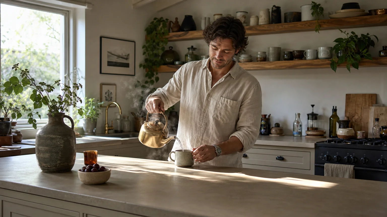 Candid shot of a person pouring tea at a mushroom-colored kitchen island in a cozy, sunlit home.