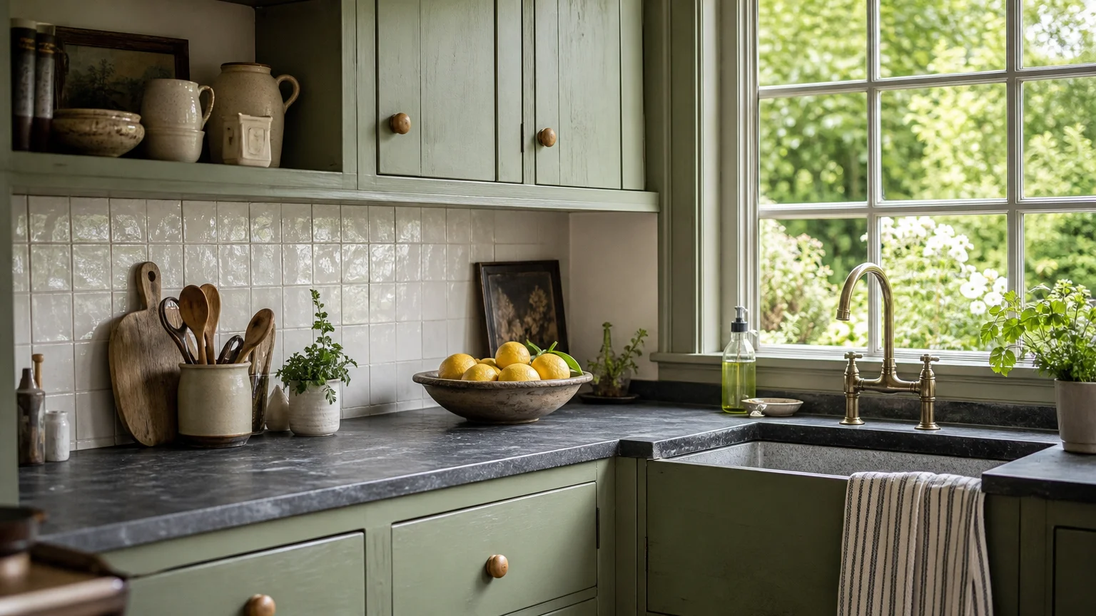 Charming cottage kitchen with muted sage green cabinets, soapstone countertops, and a window looking out to a garden.