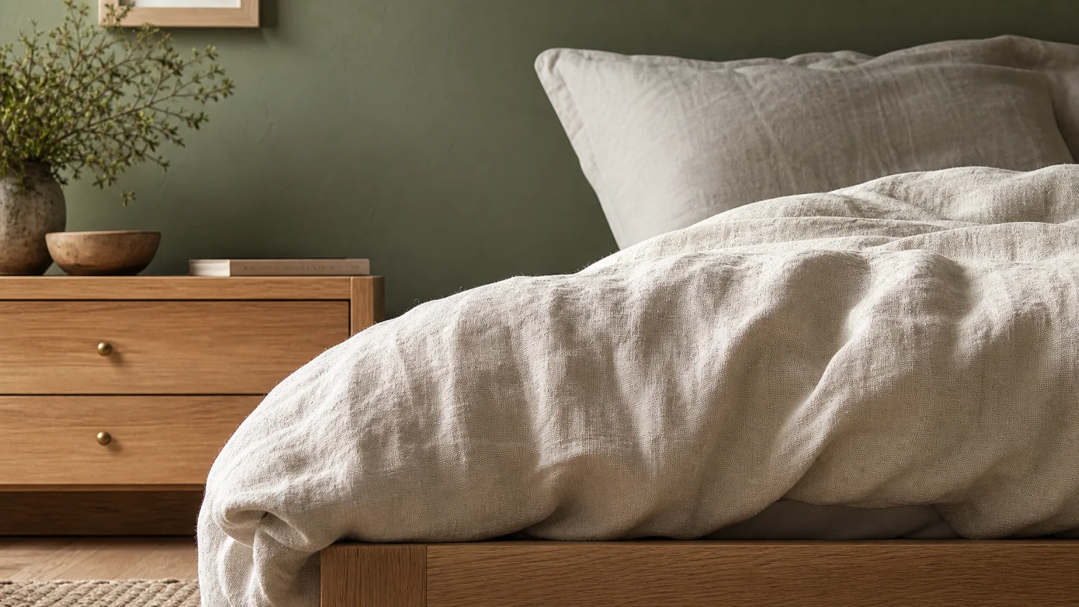 Close-up of a bed with white oak frames and ivory linen sheets against a velvety, matte sage green wall.