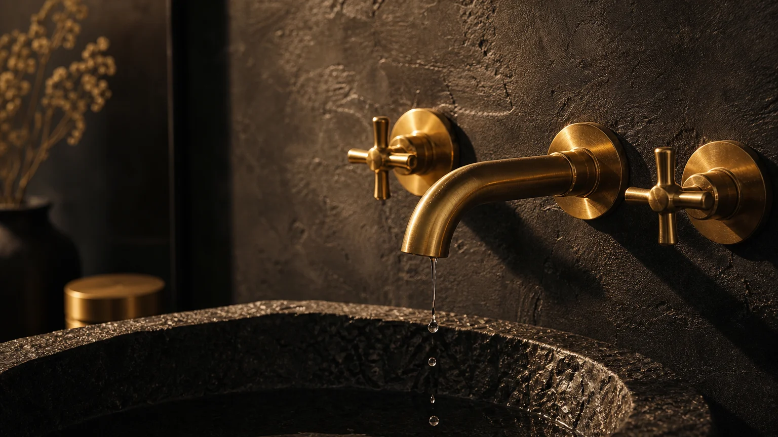 Close-up of a glowing, warm brass faucet mounted on a textured, dark charcoal plaster wall above a stone sink.