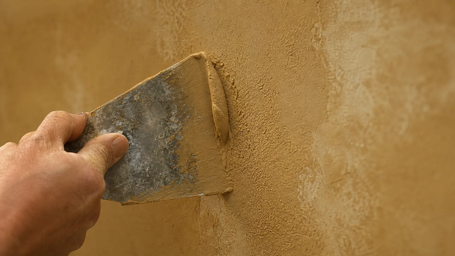 Close-up of a hand applying textured Roman Clay finish to a wall with a metal tool, showing the mottled ochre plaster.