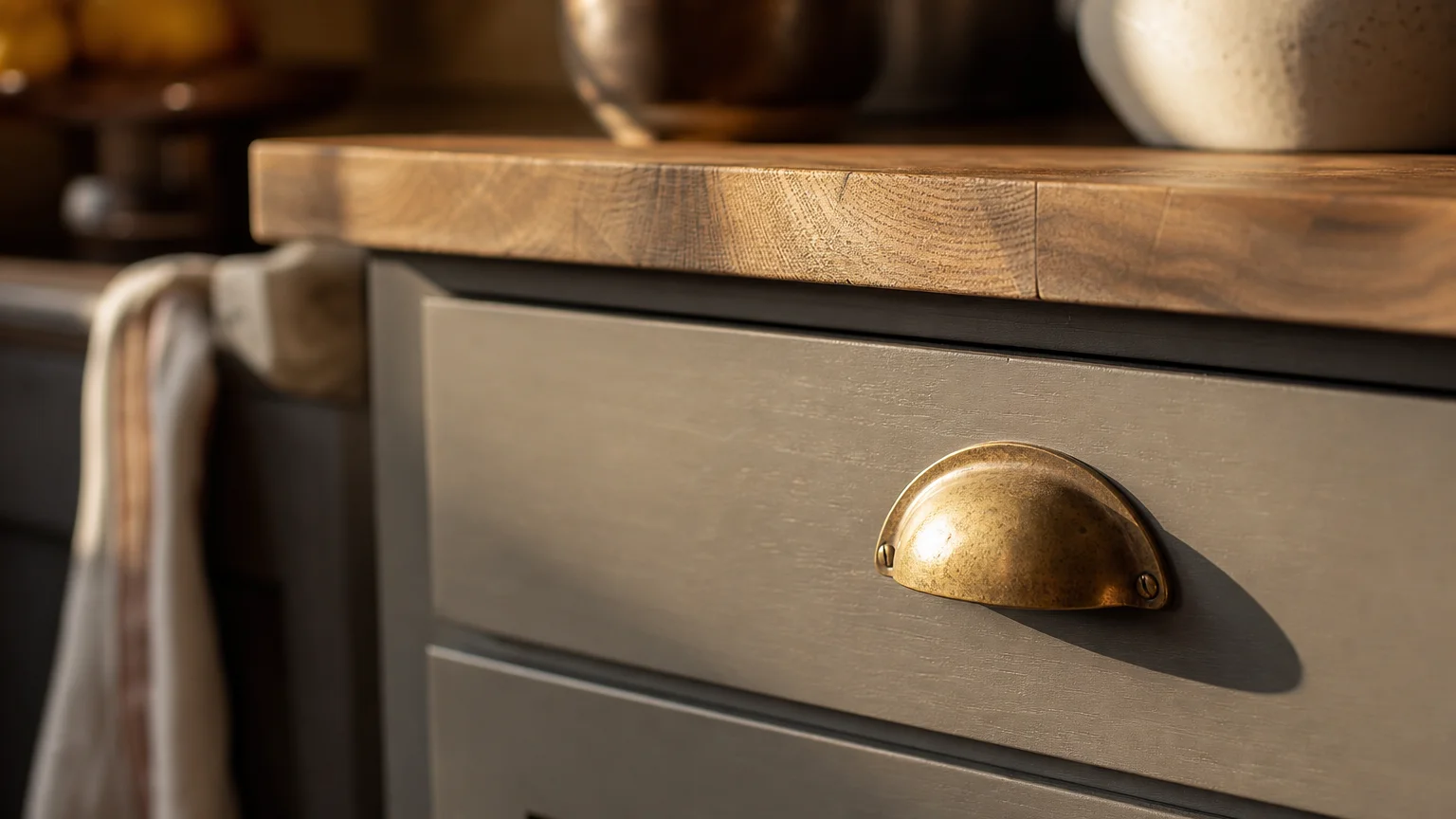 Close-up of a warm mushroom-gray kitchen drawer with a patinated brass handle beneath a wooden butcher block countertop.