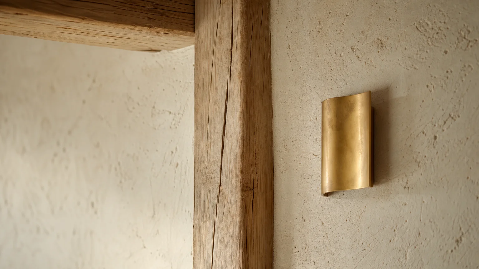 Close-up of a warm off-white mineral plaster wall catching soft southern sunlight next to a raw oak beam.